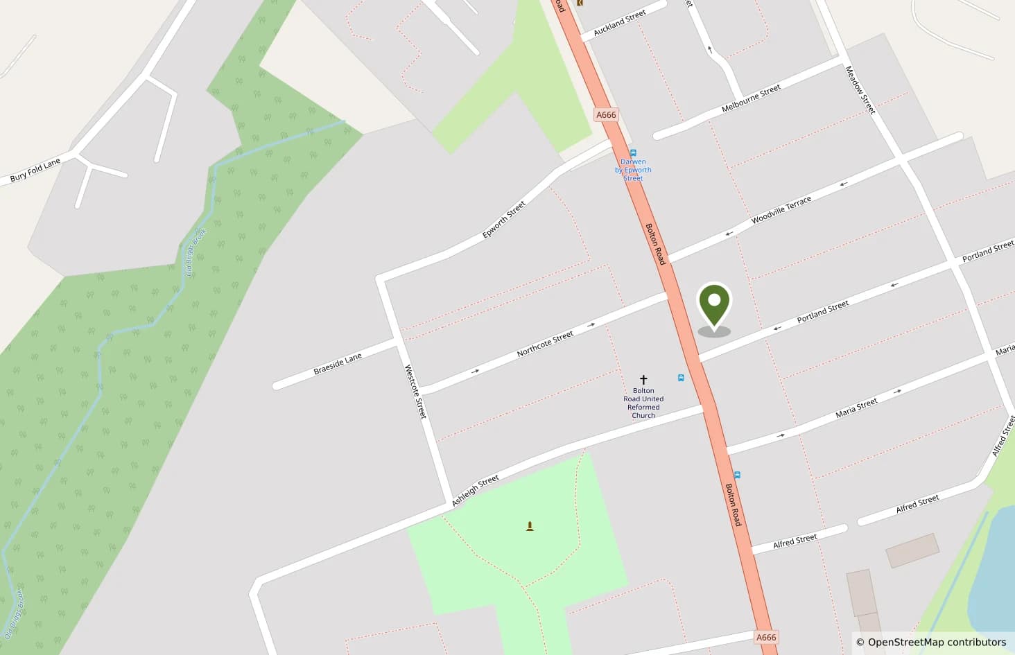 Street map marking Nirvana Therapies inside LW Hair and Beauty at 439 Bolton Rd, Darwen BB3 2JQ, beside Bolton Road near Portland Street