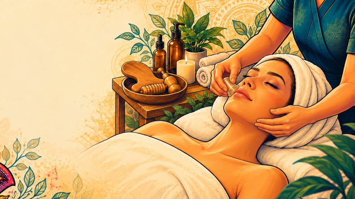 facial-cupping-wood-therapy Illustration of a therapist applying one facial cup beside a client’s mouth, with wooden tools nearby