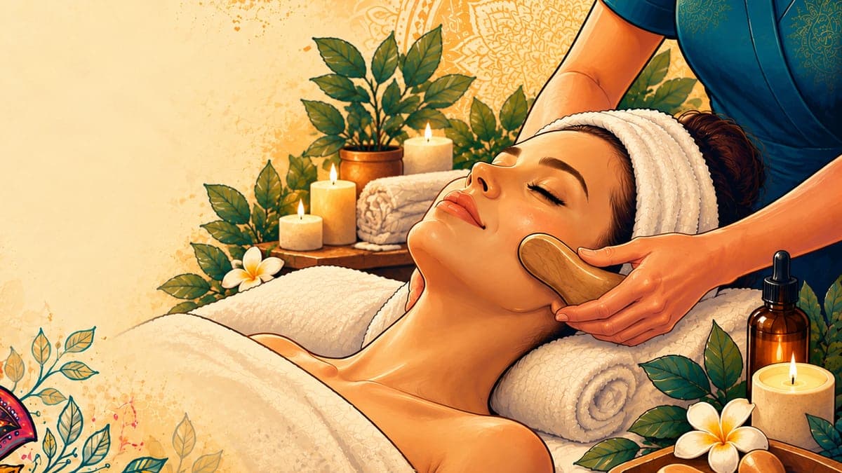 sculpt-release-facial Illustration of a therapist using a shaped wooden tool along a client’s cheek and jaw